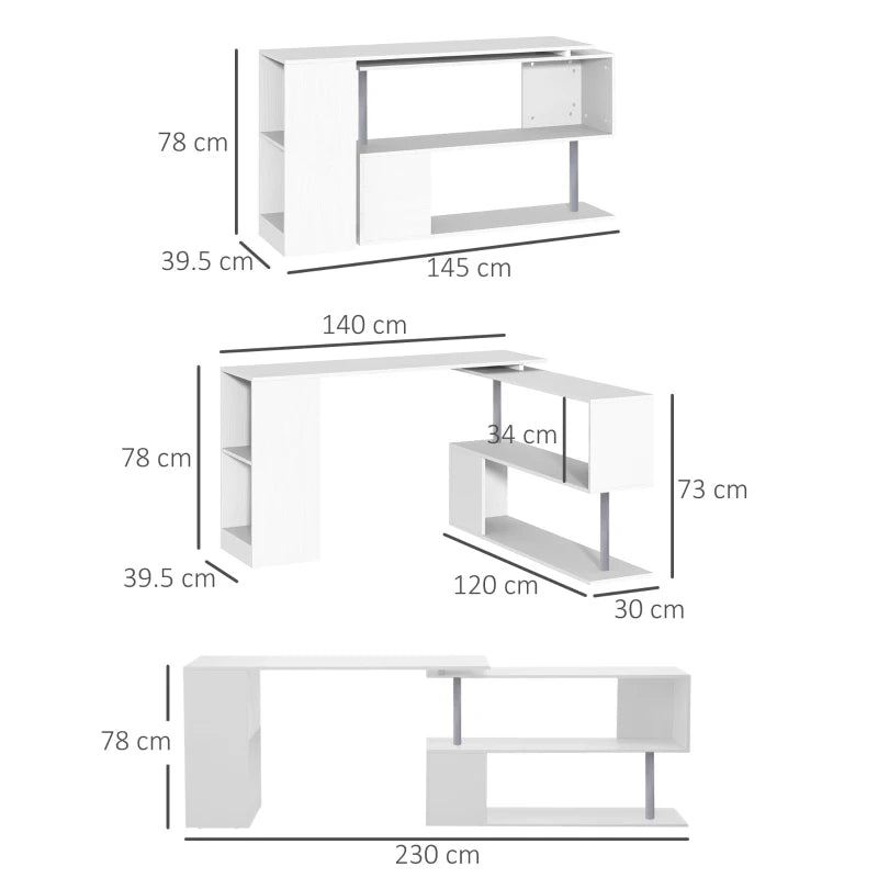 White L-Shaped Rotating Corner Desk with Storage Shelf - Home Office Workstation