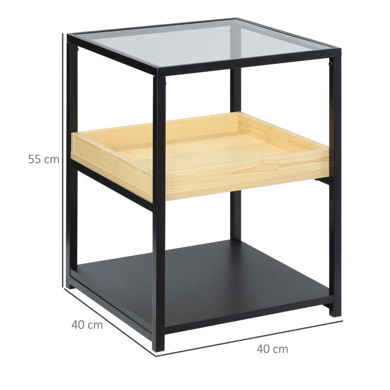 Black Glass 3-Tier Side Table with Storage Shelves