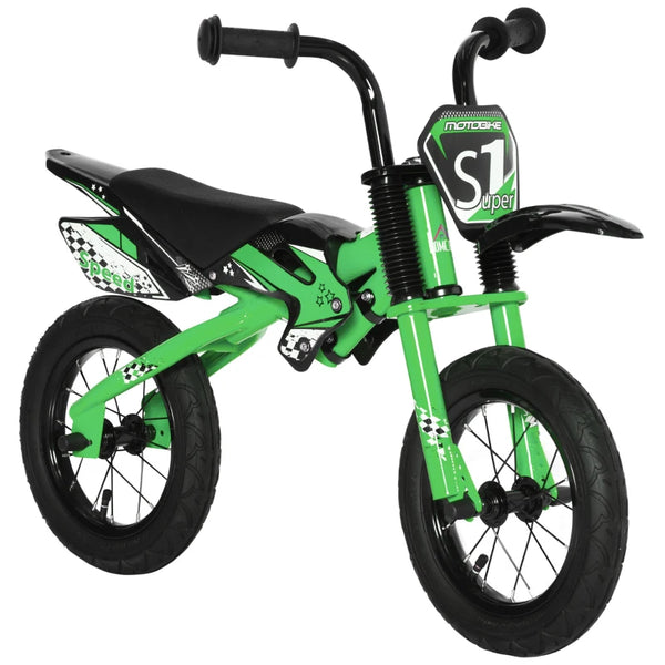 Green 12" Kids Balance Bike, No Pedal Training Bicycle, Motorbike Style
