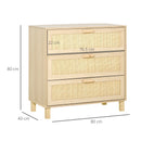 Natural Rattan 3-Drawer Boho Dresser for Bedroom, Living Room, Hallway