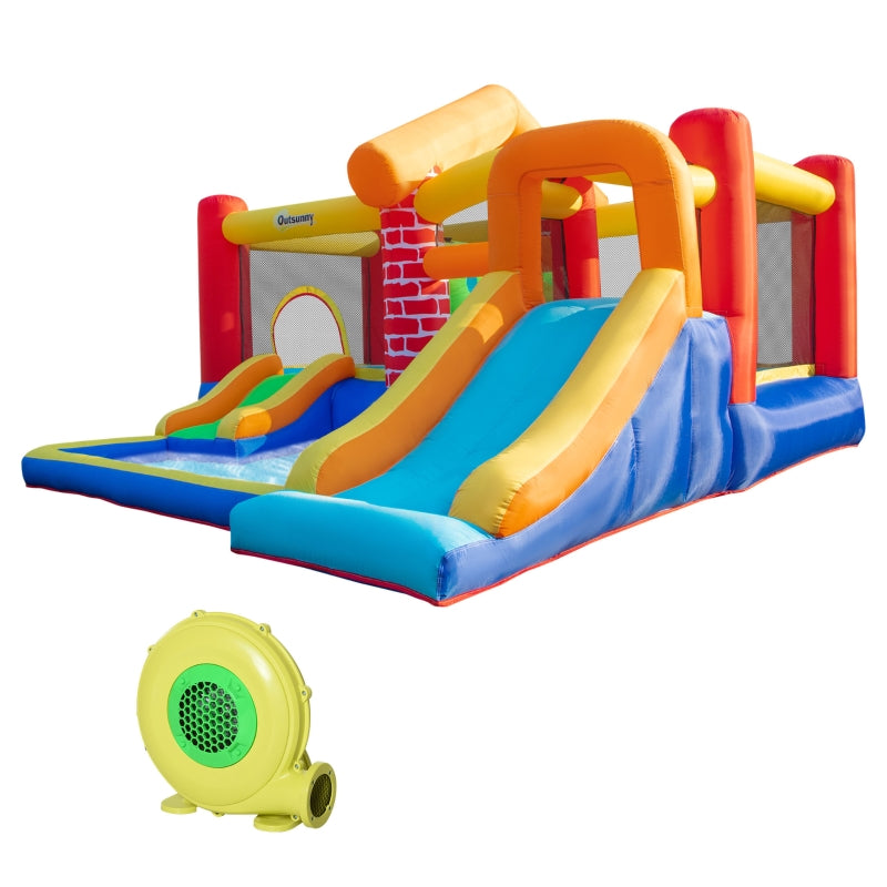 Kids 4-in-1 Inflatable Bouncy Castle with Double Slides, Trampoline, Pool, and Climbing Wall - Blue