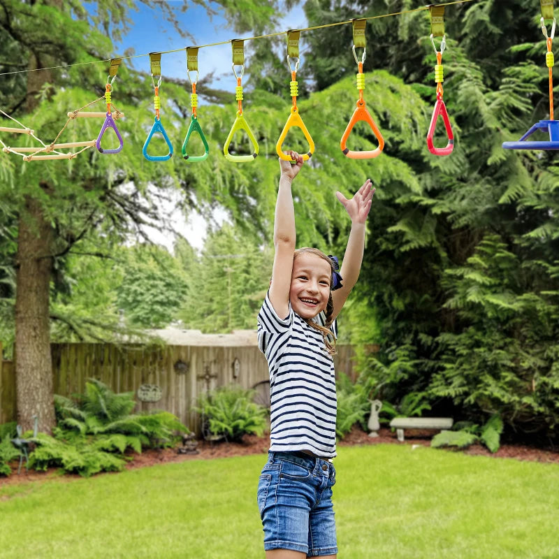 Kids 42.6 FT Obstacle Course Set with Monkey Bars and Swing - Blue