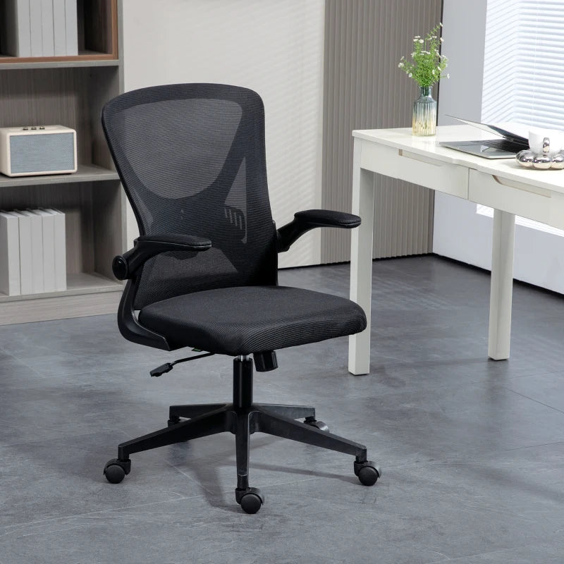 Black Mesh Office Chair with Flip-Up Arms