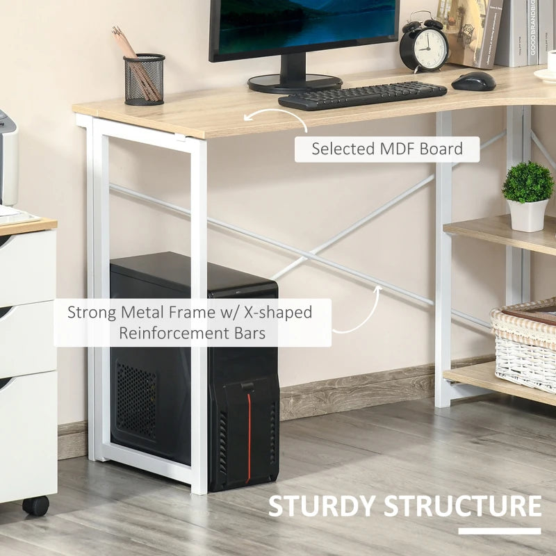 Oak Tone L-Shaped Folding Corner Desk with Storage Shelf