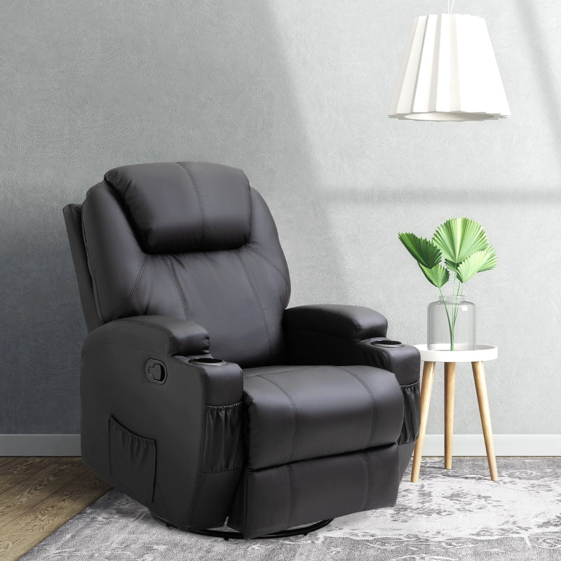 Black Swivel Recliner Armchair with Massage and Drink Holders