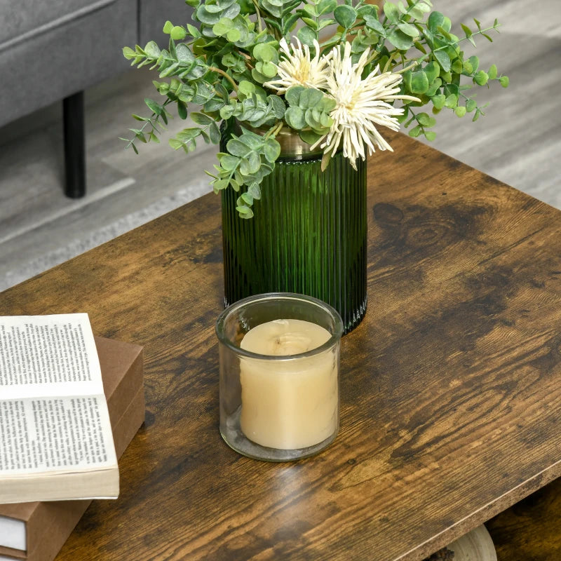 Rustic Brown Coffee Table with Open Storage Shelves and Solid Wood Legs
