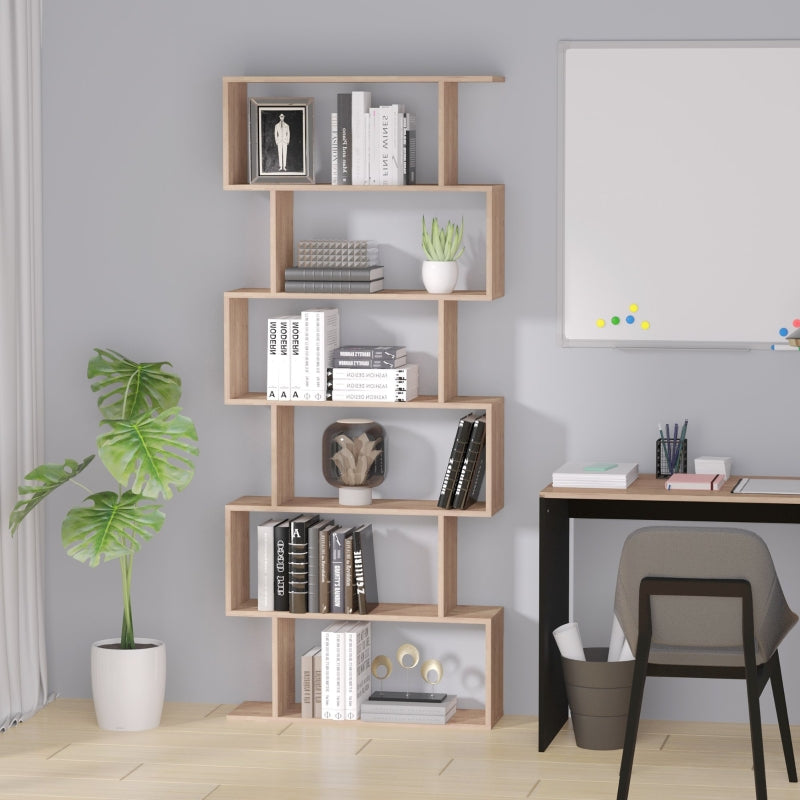 Maple Wood S-Shaped 6-Shelf Room Divider Bookcase