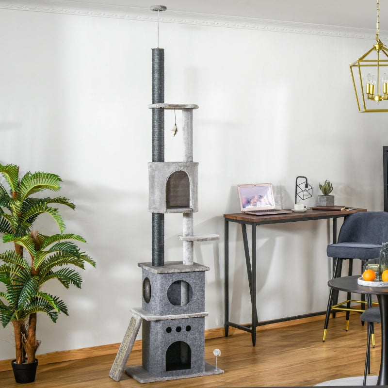 Grey 255cm Indoor Cat Climbing Tree with Scratching Post