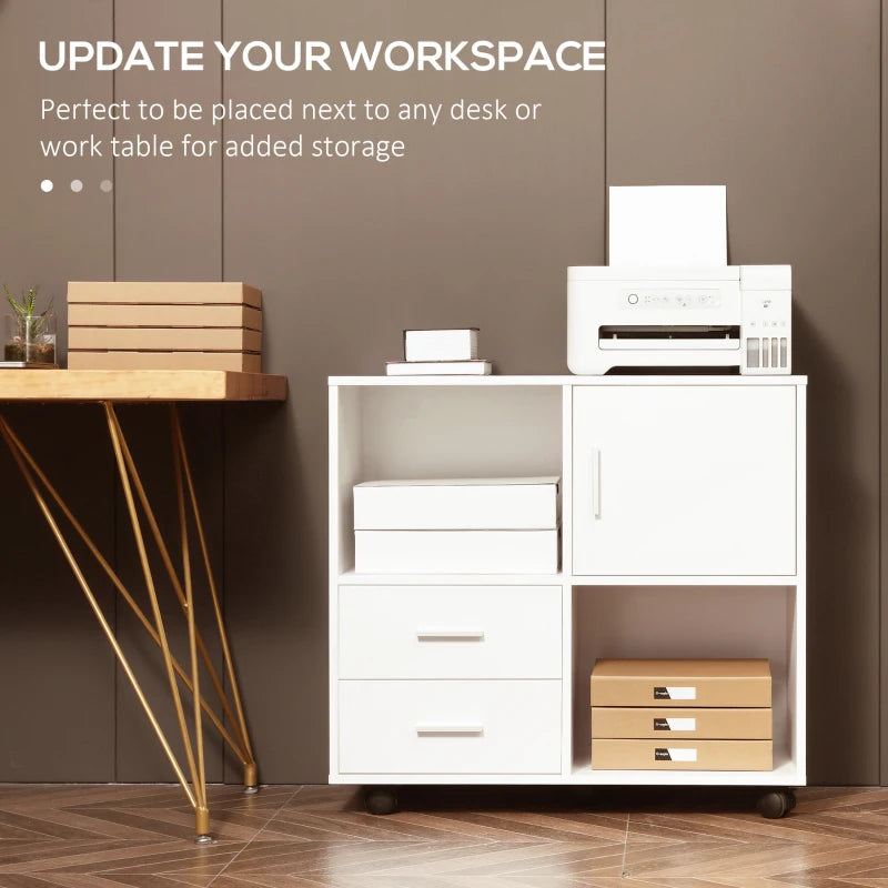 White Printer Stand with Shelves, Drawers & Compartment, Mobile Office Table