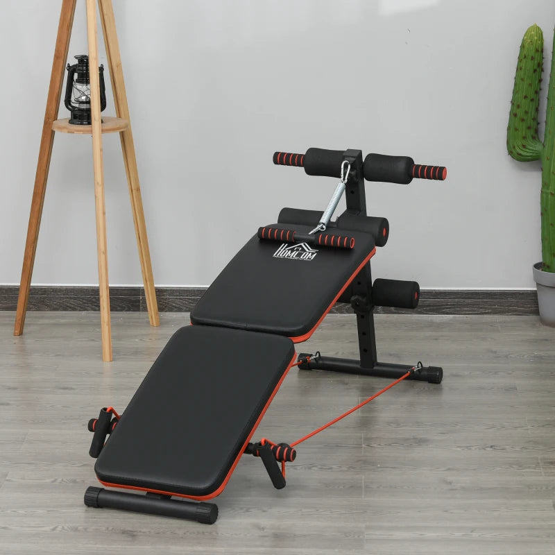 Adjustable Black Sit Up Bench with Thigh Support & Arm Rope - Home Gym Essential