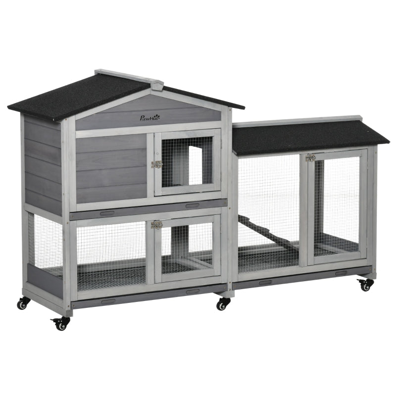 Wooden Small Pet Hutch with Wheels and Run - Brown