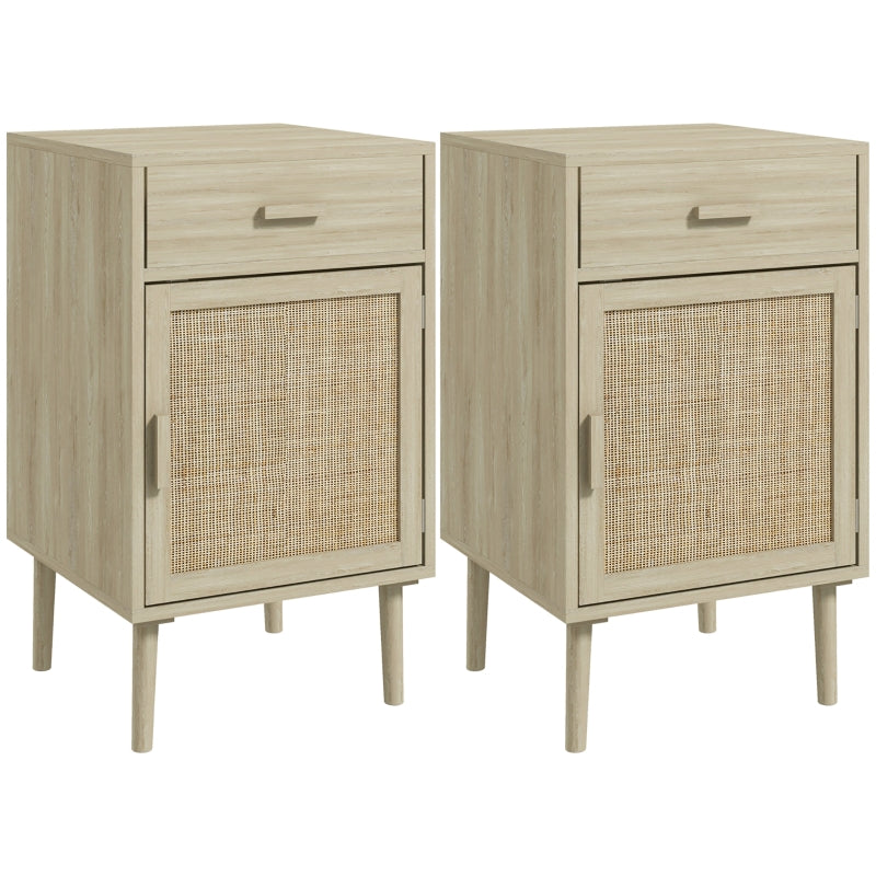 Rattan Boho Bedside Tables Set of 2, Natural Wood Effect