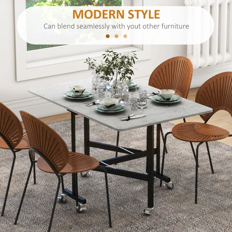 Grey Drop Leaf Folding Dining Table, Metal Frame, Rolling Kitchen Table, 120cm