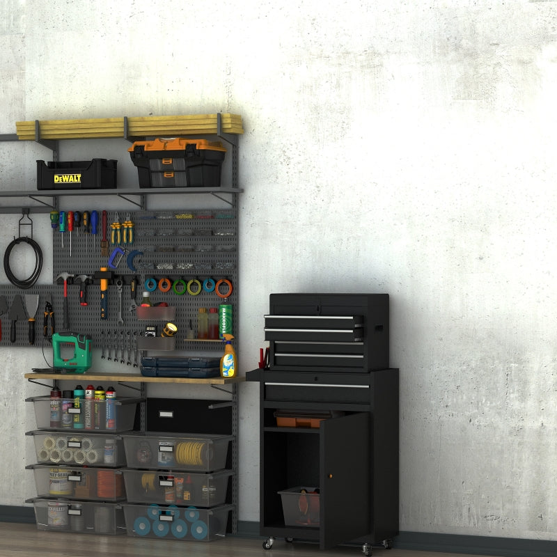 Black Metal Tool Cabinet with 5 Drawers and Pegboard - 60x28x104.5cm