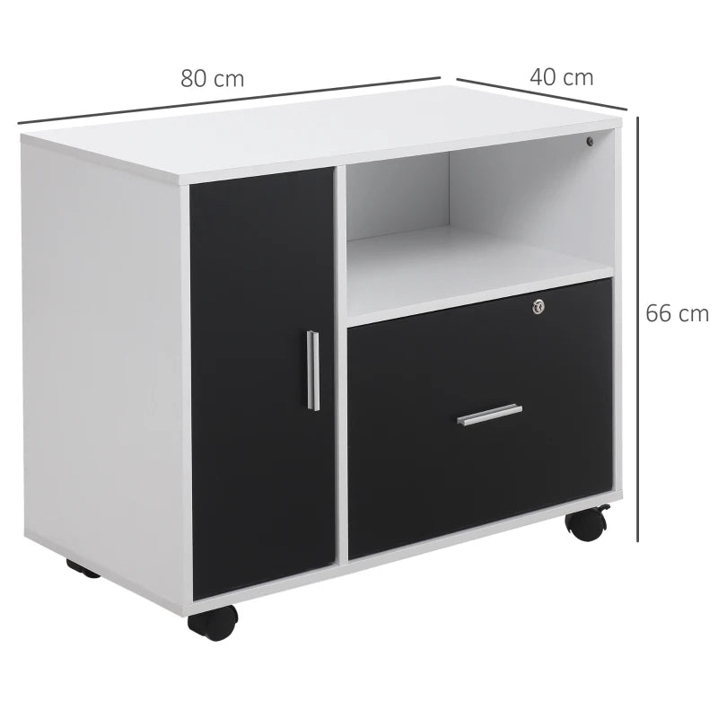 Black and White Mobile File Cabinet with Lockable Drawer and Shelf