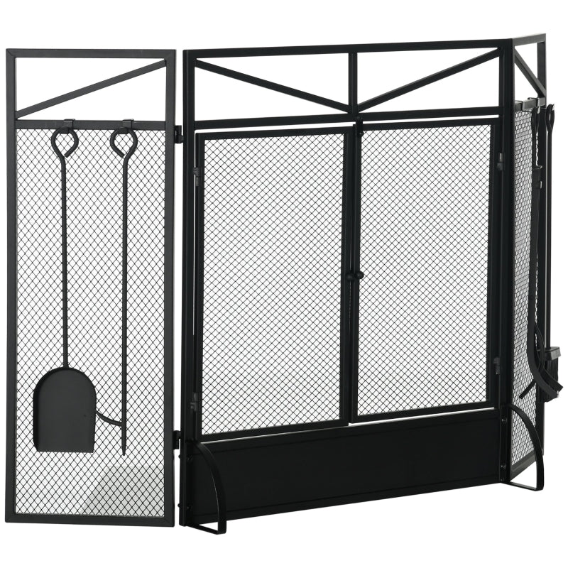 Retractable Fire Screen Black 3-Panel Folding Fire Screen with Tool Set and Doors, Freestanding ...