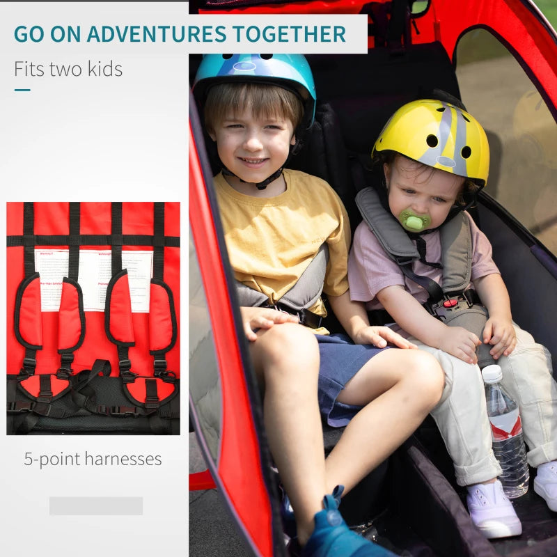 Red Child Bike Trailer for 2 Kids with 360° Rotatable Design