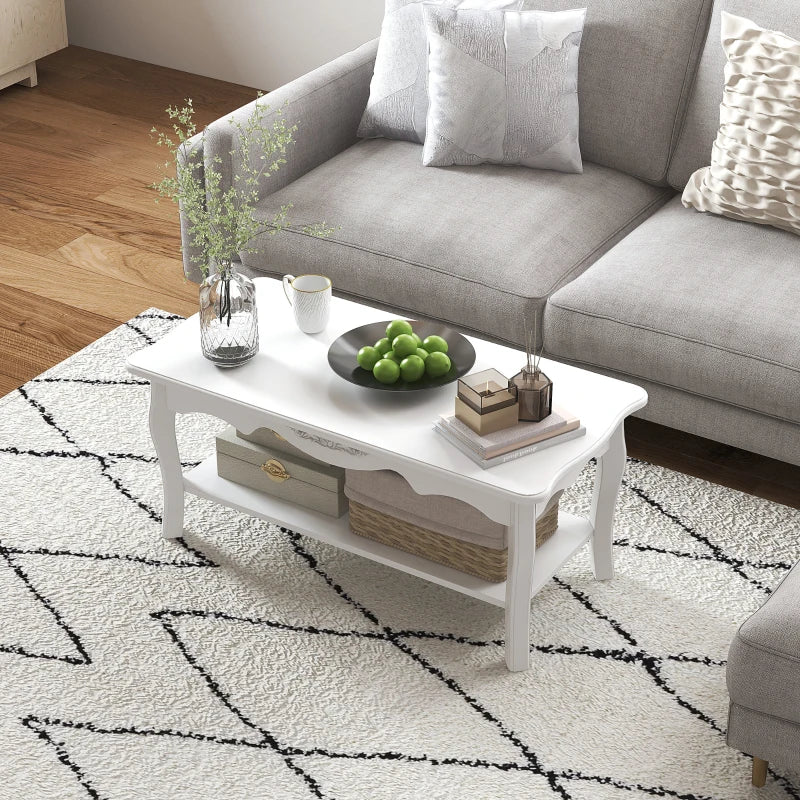 White Wood Coffee Table with Storage Shelf, 94L x 44W x 42H cm