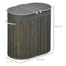Grey Bamboo Laundry Basket with Lid, 100L, 2 Sections, Washable Lining, 62.5 x 37 x 60.5cm