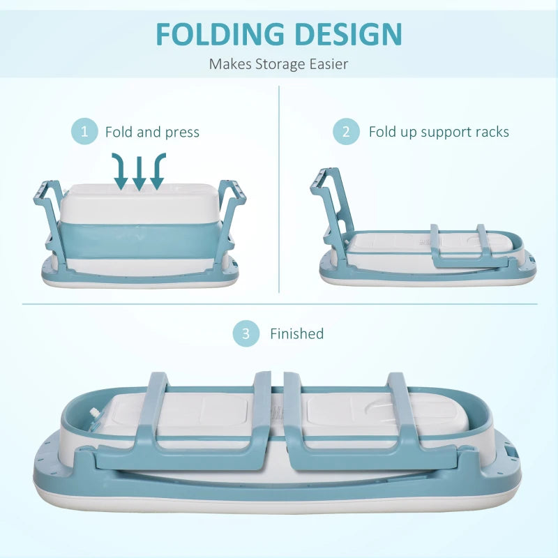 Blue Folding Baby Bath Tub for Toddlers Kids with Non-Slip Pads - Portable & Top Cover - 1-12 Years
