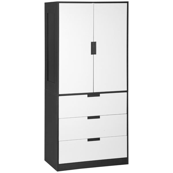 Black Modern 2-Door Wardrobe with 3 Drawers and Hanging Rod