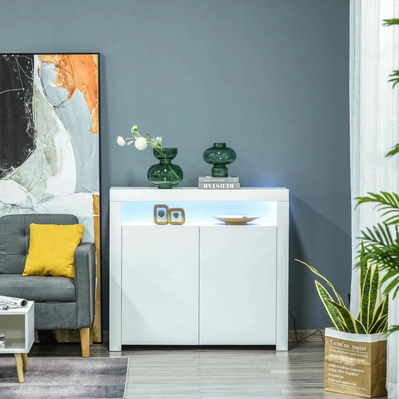 White LED Storage Cabinet with RGB Lighting, High Gloss Front - Modern Sideboard