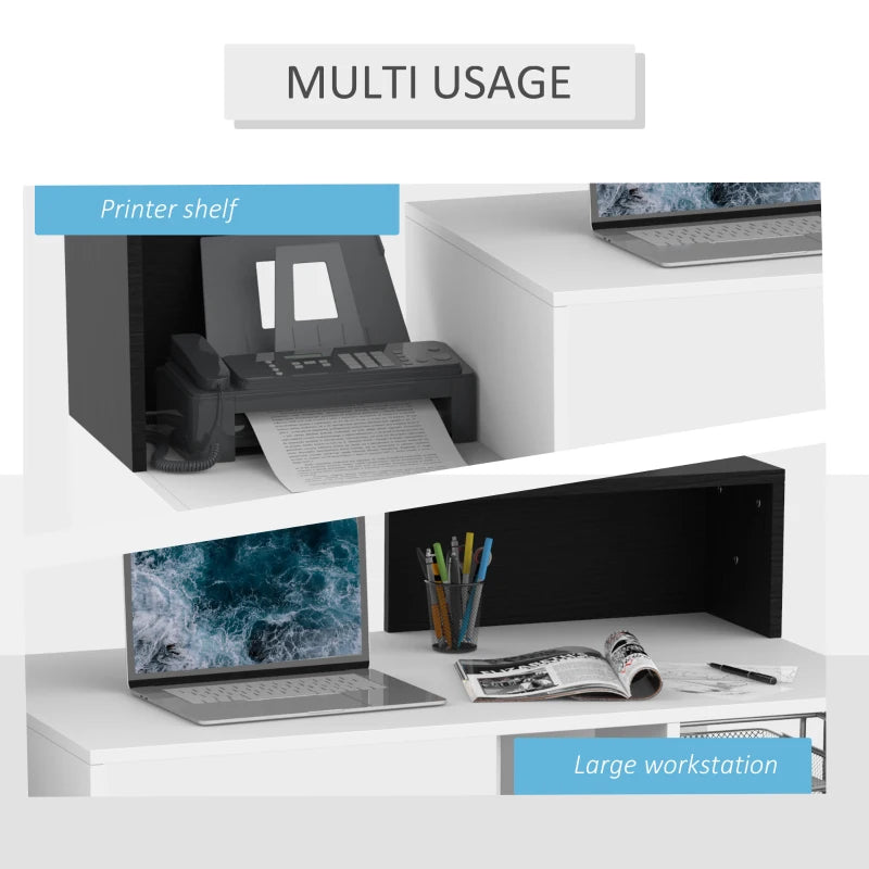 Modern Black and White Computer Desk with Drawers and Storage Shelves