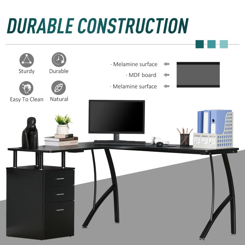 Black L-Shaped Industrial Style Office Desk with Storage Drawer - 143.5 x 143.5 x 76cm