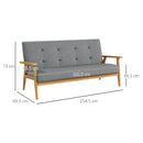 Dark Grey 3-Seat Linen Fabric Tufted Sofa with Rubberwood Legs