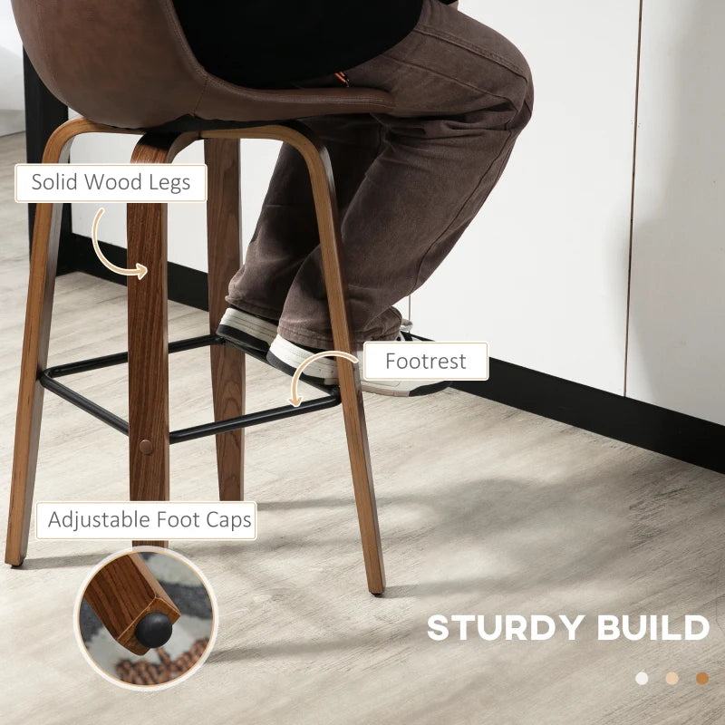 Brown PU Leather Bar Stools Set of 2 with Backs and Wood Legs