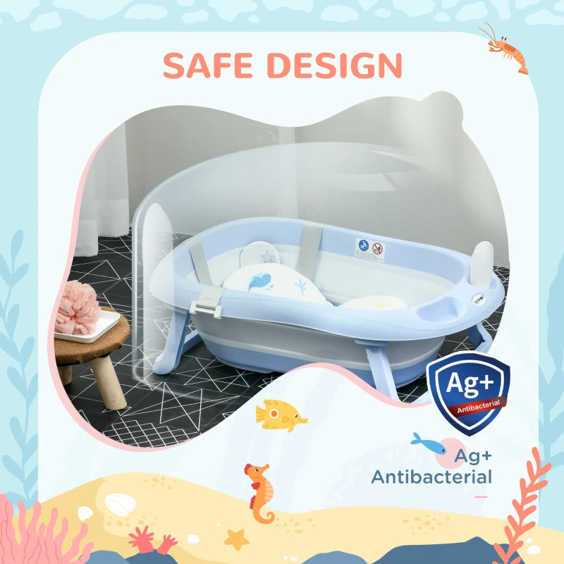 Blue Foldable Baby Bathtub with Non-Slip Legs & Cushion Pad