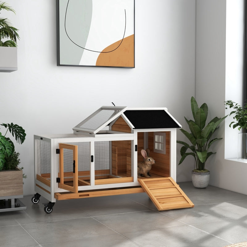 Yellow Wooden Small Pet Hutch with Removable Tray and Wheels