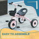 Kids Pink Trike with Adjustable Seat, Basket & Bell - Ages 2-5