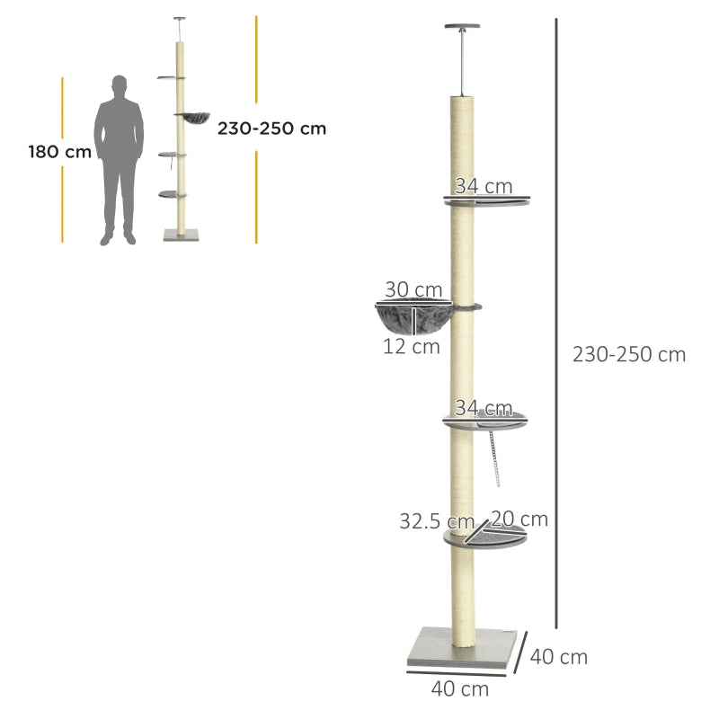 250cm Tall Cat Tree with Hammock and Scratching Post - Beige