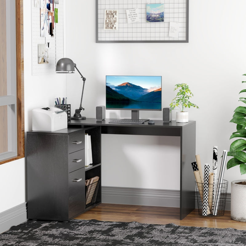 Black L-Shaped Corner Desk with Drawers and Storage Shelves
