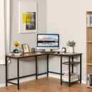 Rustic Brown L-Shaped Industrial Corner Desk with Adjustable Storage Shelf