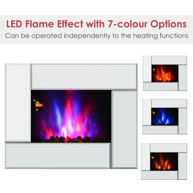 Silver Wall Mount Electric Fireplace Heater with Flame Effect & Tempered Glass