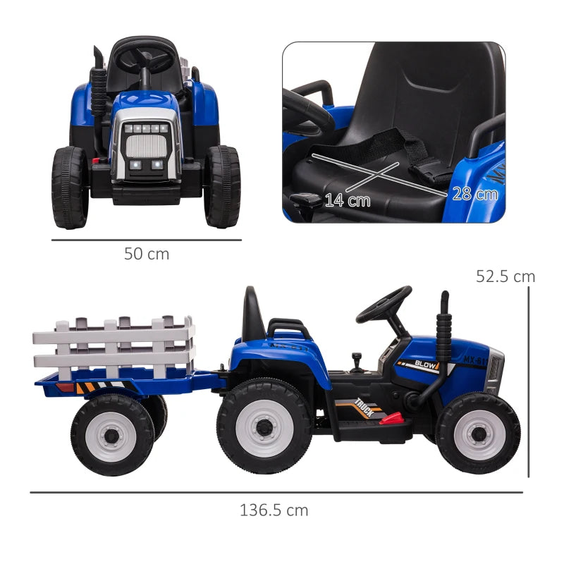 Blue Ride-On Tractor with Detachable Trailer, Remote Control & Music