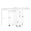 White Folding Dining Table with Storage Drawers and Wheels