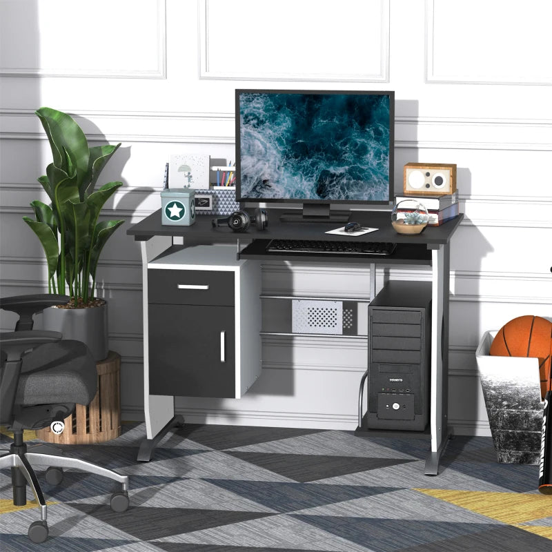 Black Computer Desk with Keyboard Tray and Storage Drawers, Home Office Workstation