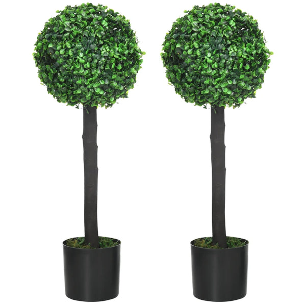 Set of 2 Green Artificial Boxwood Ball Trees in Pot for Home Decor, 20x20x60cm