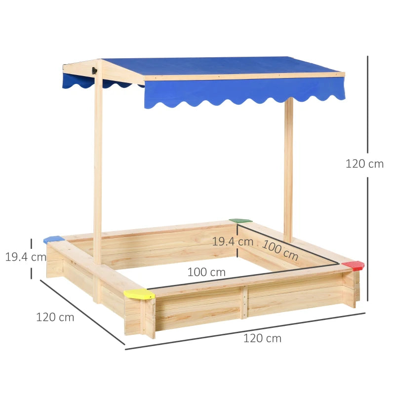 Kids Square Wooden Sand Pit with Canopy Bench Seat - Blue