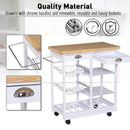 White Rolling Kitchen Island Cart with Drawers, Shelves, Basket, Wine Rack & Wheels