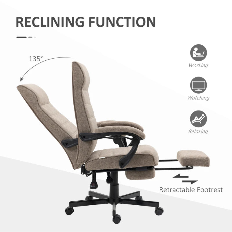 Brown Linen High-Back Swivel Office Chair with Footrest