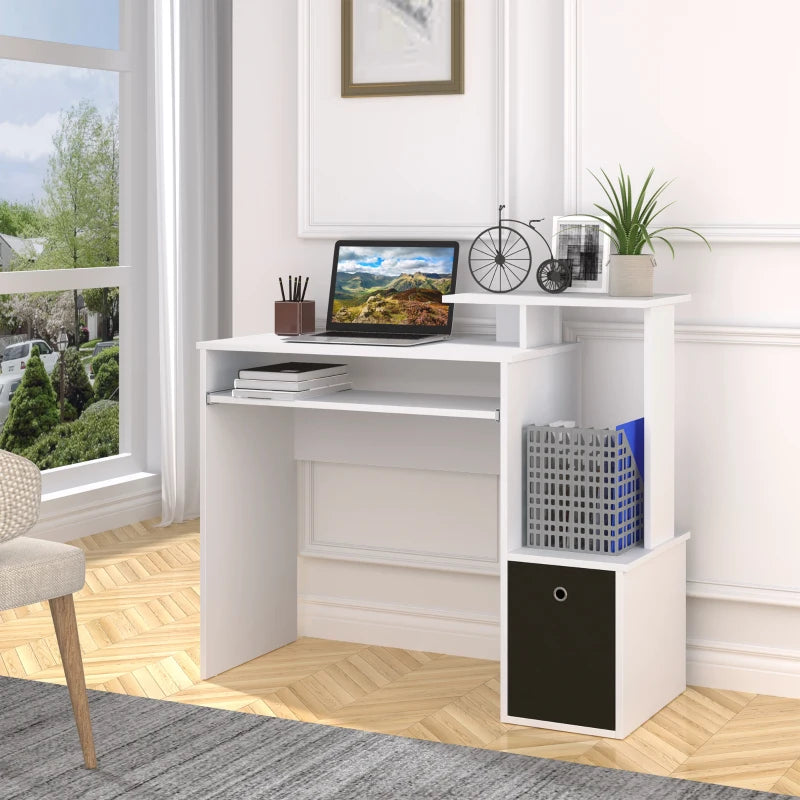White Computer Desk with Sliding Keyboard Tray & Storage Drawer