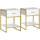 White and Gold Modern Bedside Tables with Drawer Shelf, Set of 2