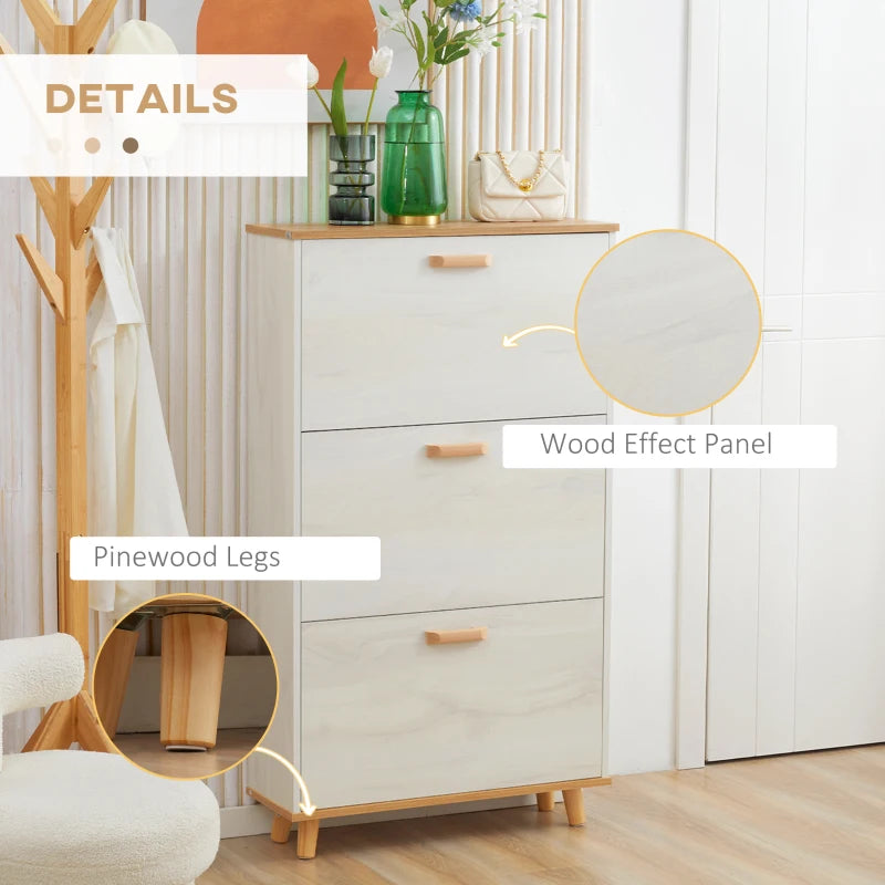 Cream White Slim Shoe Storage Cabinet with 3 Flip Drawers - 12 Pair Shoe Organizer