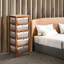 5-Drawer Wicker Basket Storage Unit - Natural Wood Finish
