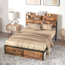 Rustic Brown Industrial Double Bed Frame with Storage, 4.8FT Steel Base, Headboard, Footboard, Slatted Support - 145 x 209cm