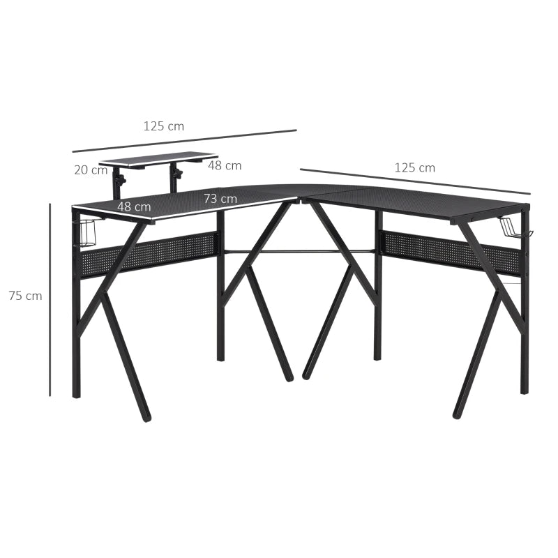 Black L-Shaped Gaming Desk with Monitor Stand and Cup Holder